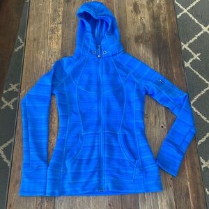 Athleta XS striped blue zip up strength hoodie. Draw string missing.
